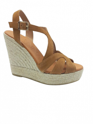 SANDALES COMPENSEES HAUTES KANNA CUIR PEAU COGNAC