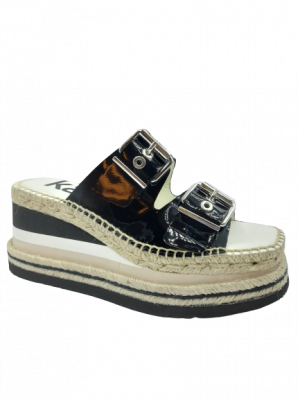 SANDALES MULES KANNA COMPENSEES CUIR VERNIS NOIR